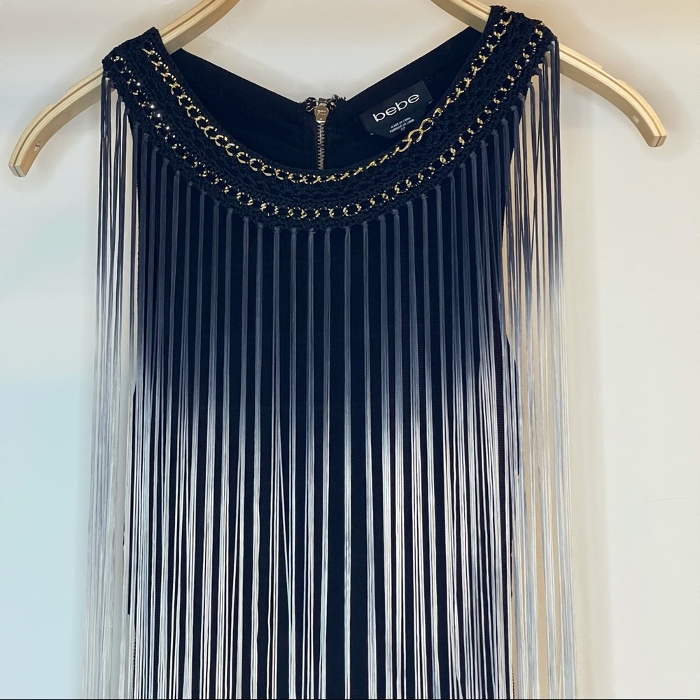 BEBE Ombré fringe black dress cutout back